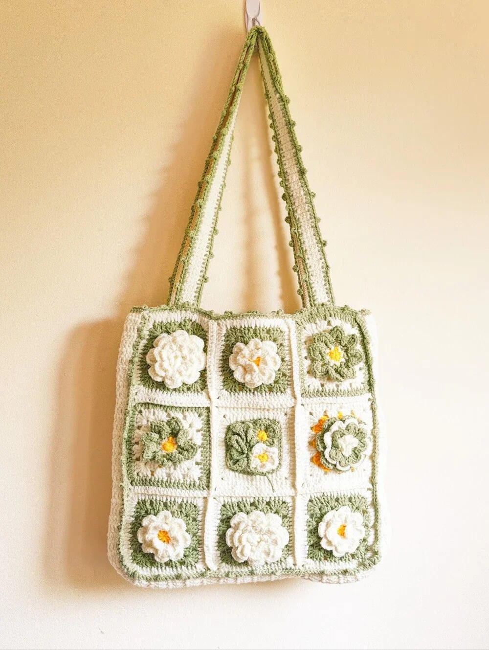Handmade White Canvas Bag with Mint Green Crochet Trim crochet shoulder bag - Picture 2 of 10
